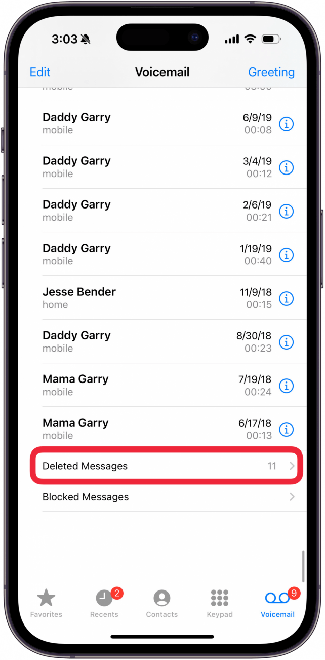tap deleted messages to see all deleted voicemail on iphone