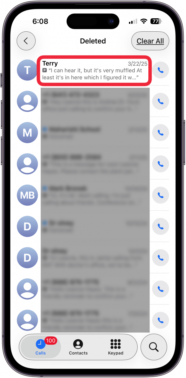 tap deleted voicemail you want to restore