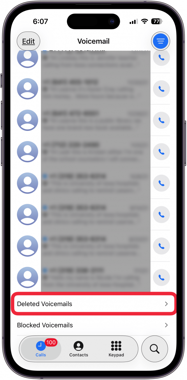 tap deleted voicemails at bottom of screen