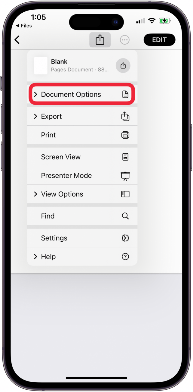tap document options to hide pages doc in files