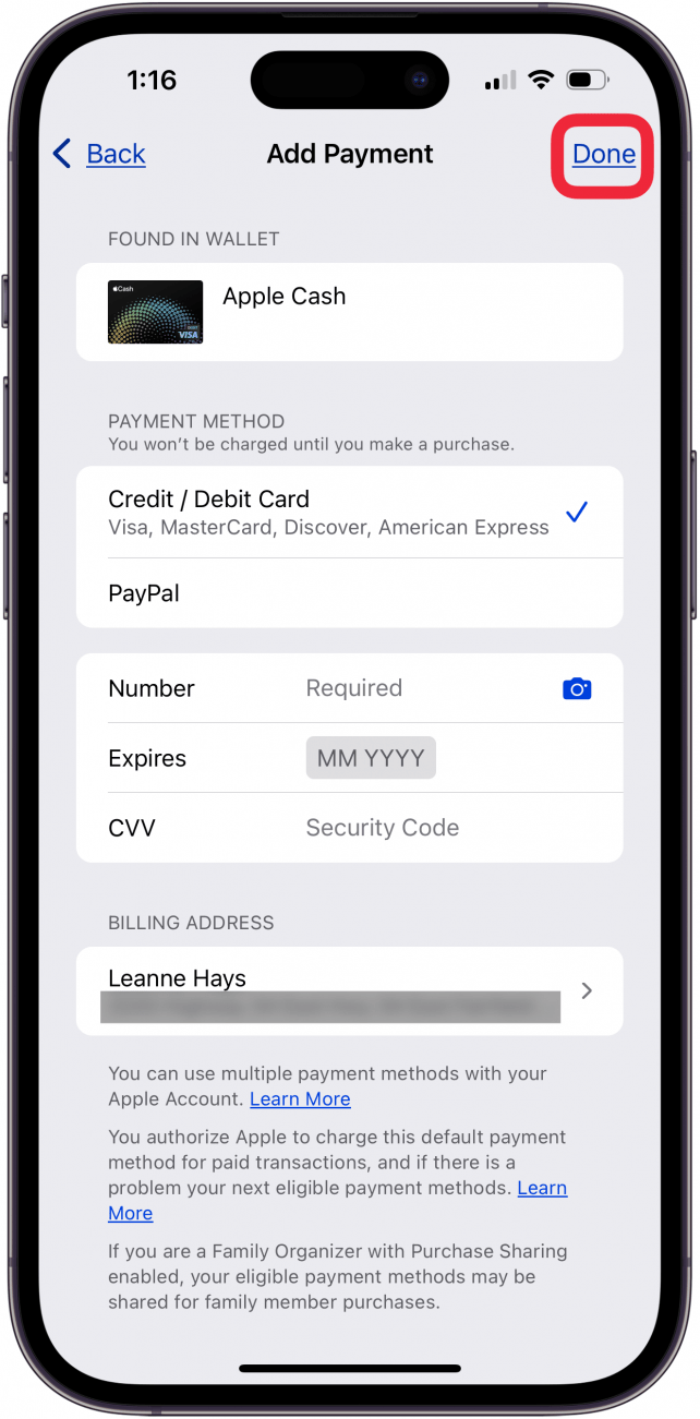 tap done after adding credit card to apple id settings