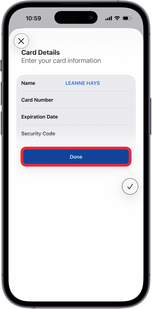 tap done after credit card is entered
