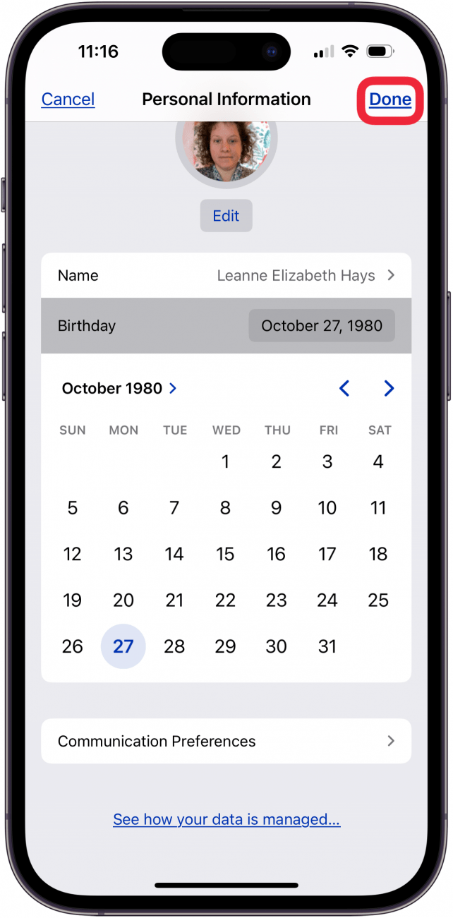 tap done after you change birthday in apple id account settings