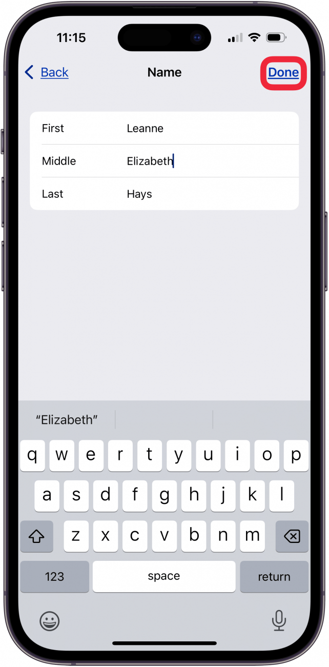 tap done after you change name in apple id account settings