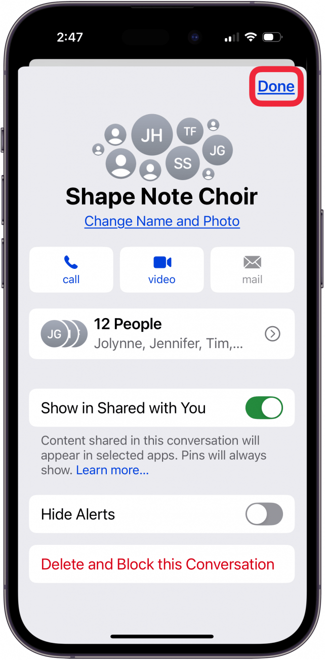 tap done after you name group text on iphone