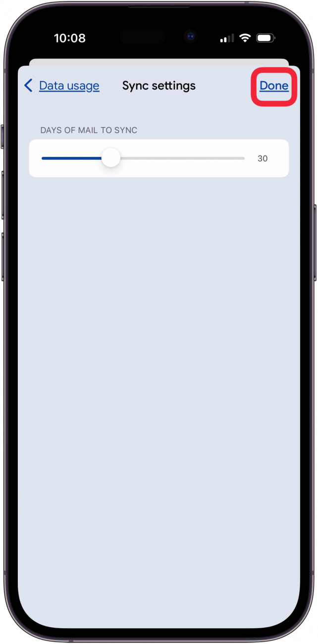 tap done after you set days of mail to sync