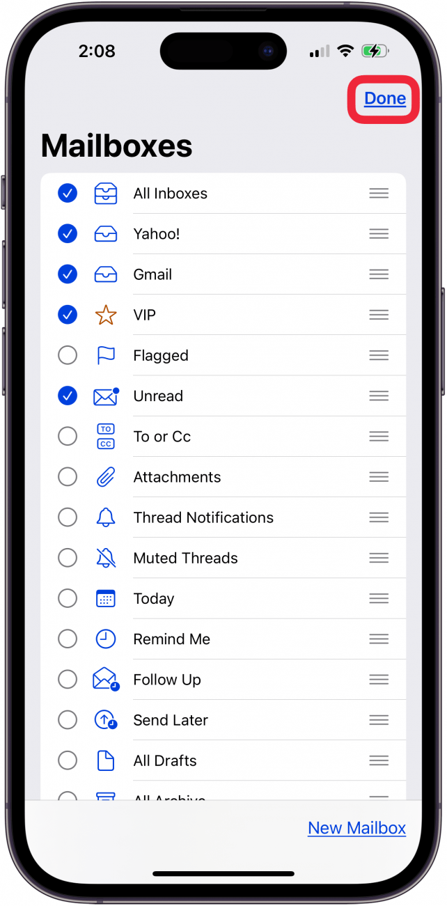 tap done to finish adding all inboxes back