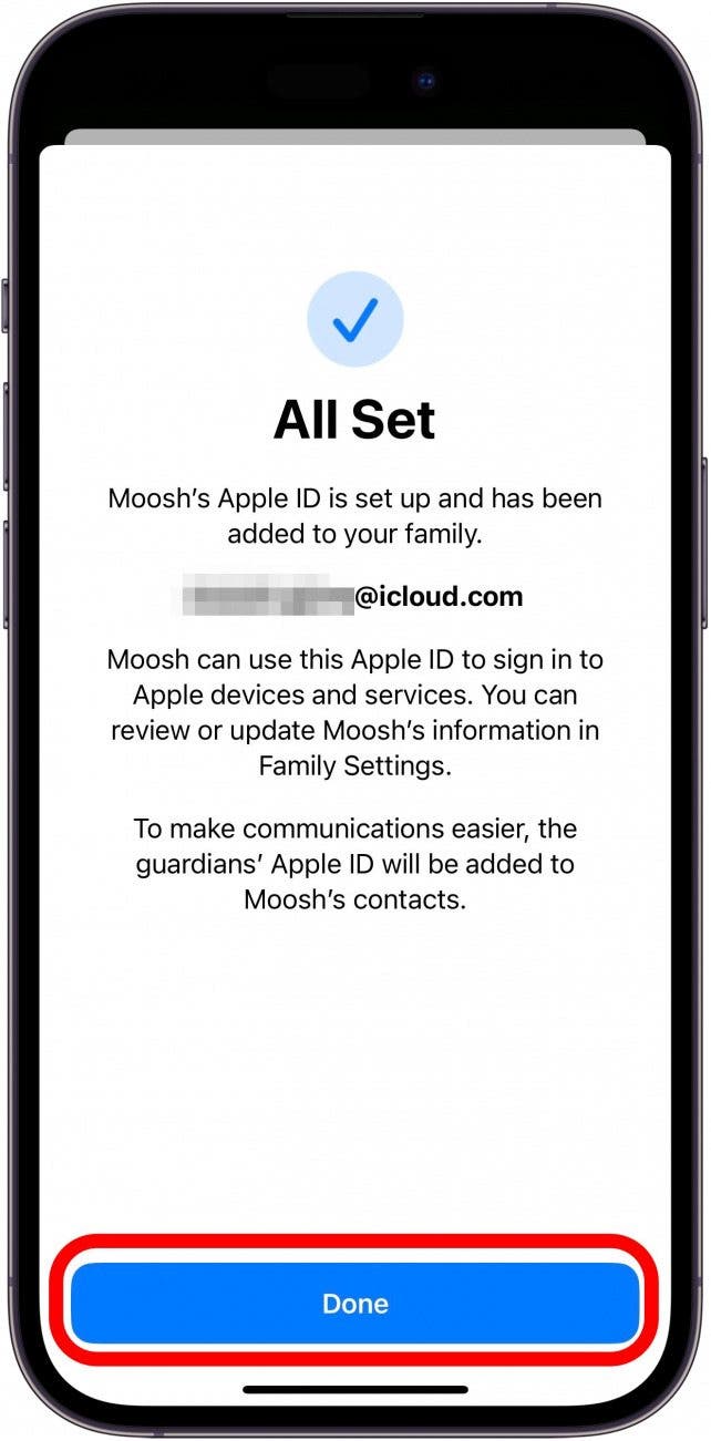 tap done to finish creating new apple id for child