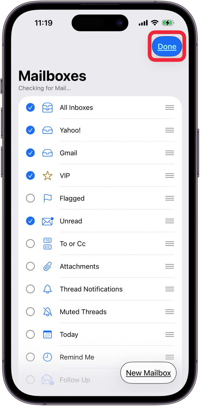 tap done when finished adding inbox back to mail