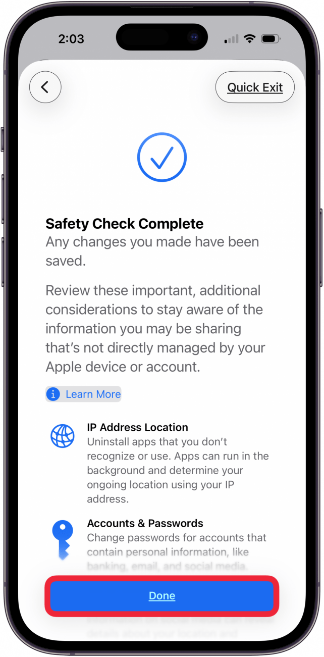 tap done when safety check complete