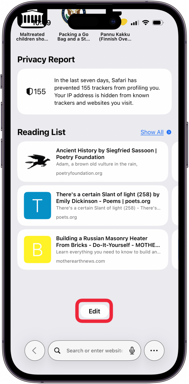 tap edit at bottom of safari tab