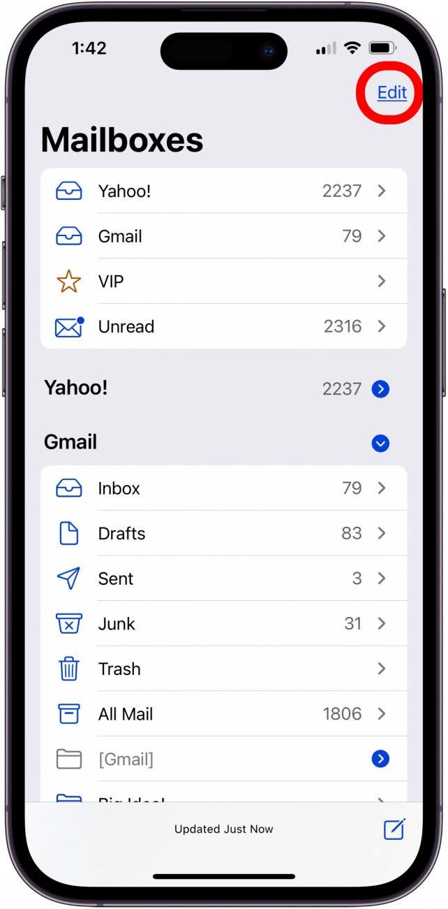tap edit at top of mailboxes page in mail app to restore missing email folder