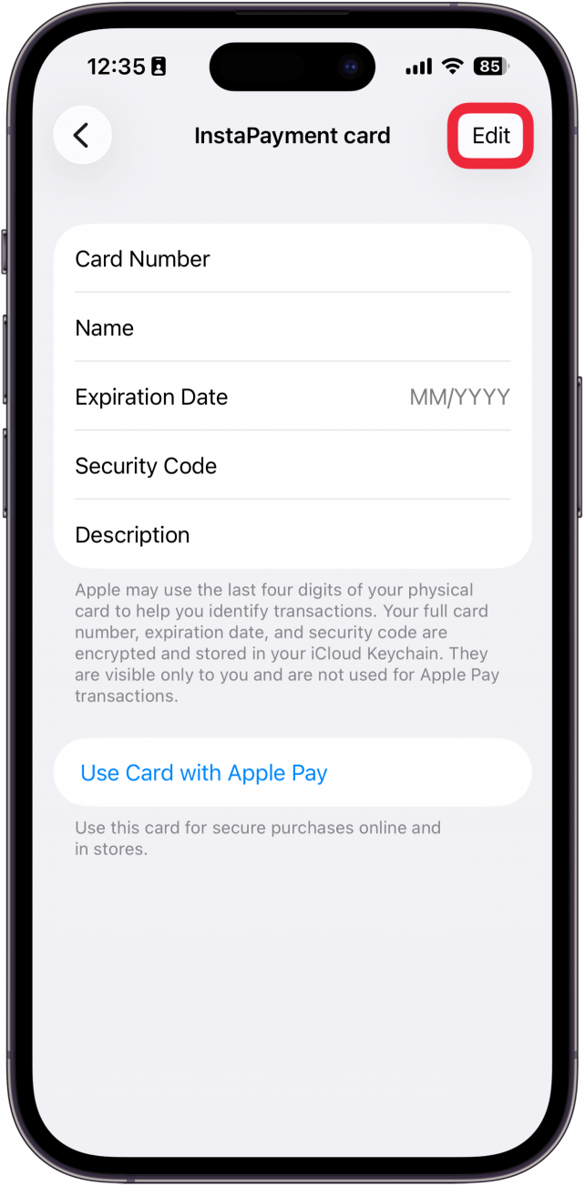 tap edit in card info tap edit in card info
