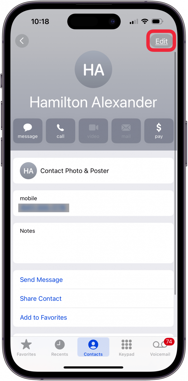 tap edit in contact