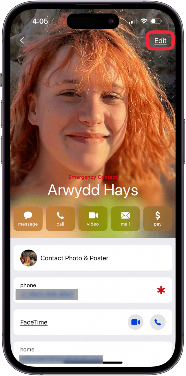 tap edit in contact card