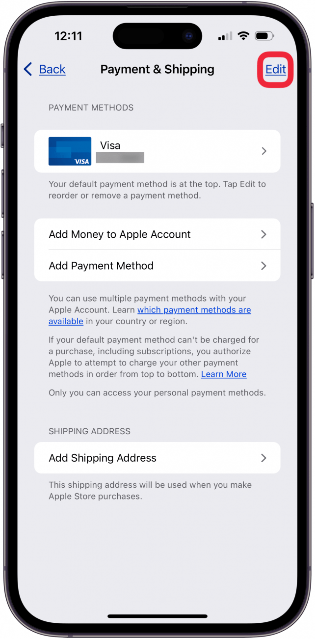 tap edit in payment & shipping in settings apple id