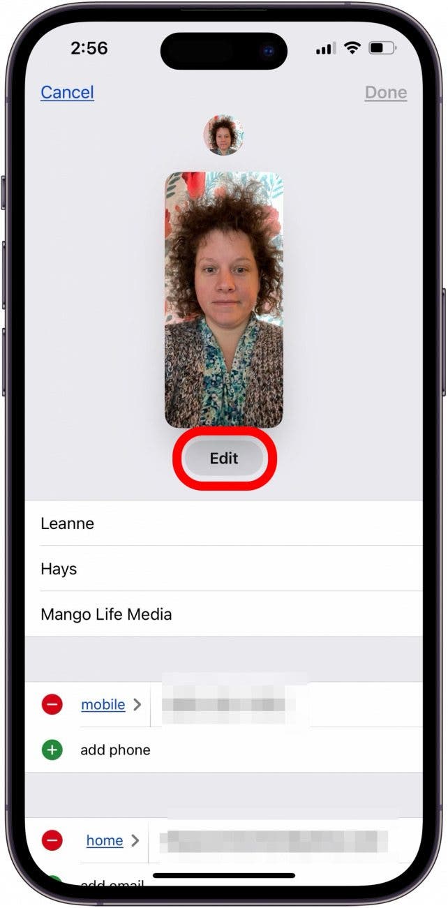 tap edit in the contact card