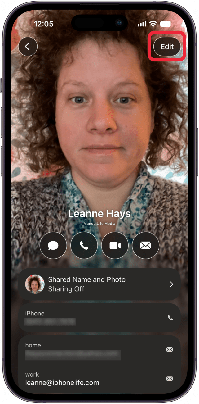 tap edit on contact card