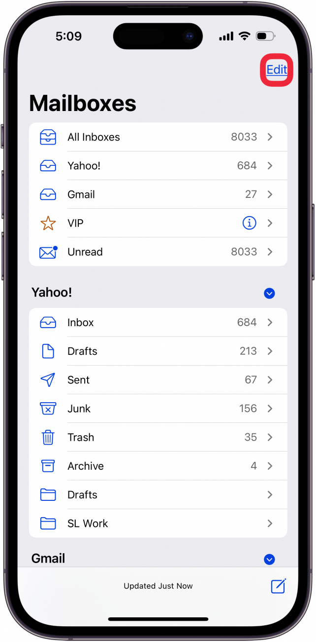 tap edit to add mailboxes back