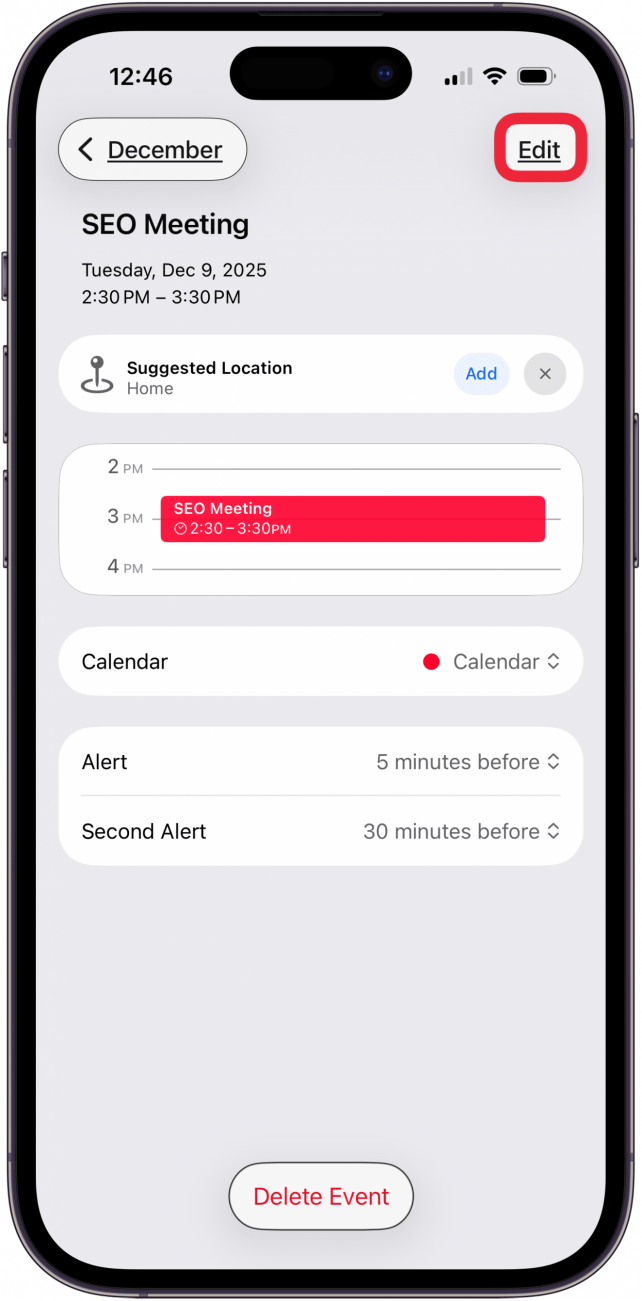 tap edit to add repeat time to calendar event