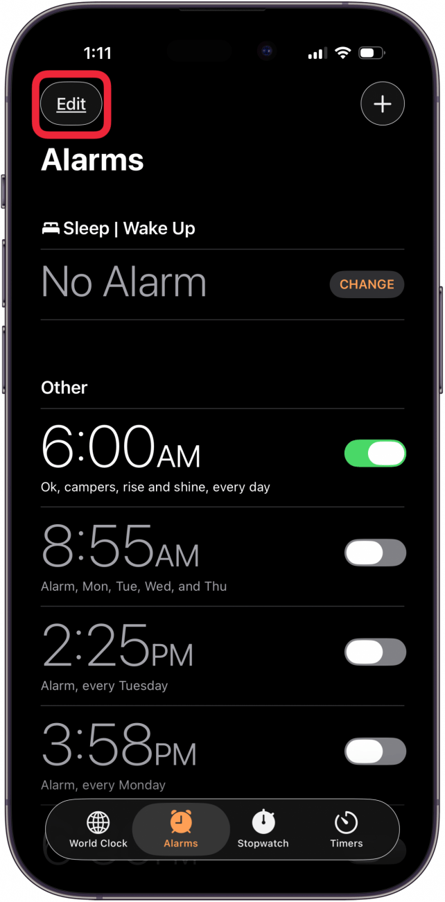 tap edit to change alarm