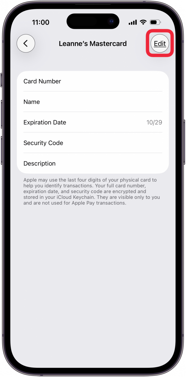 tap edit to change credit card details