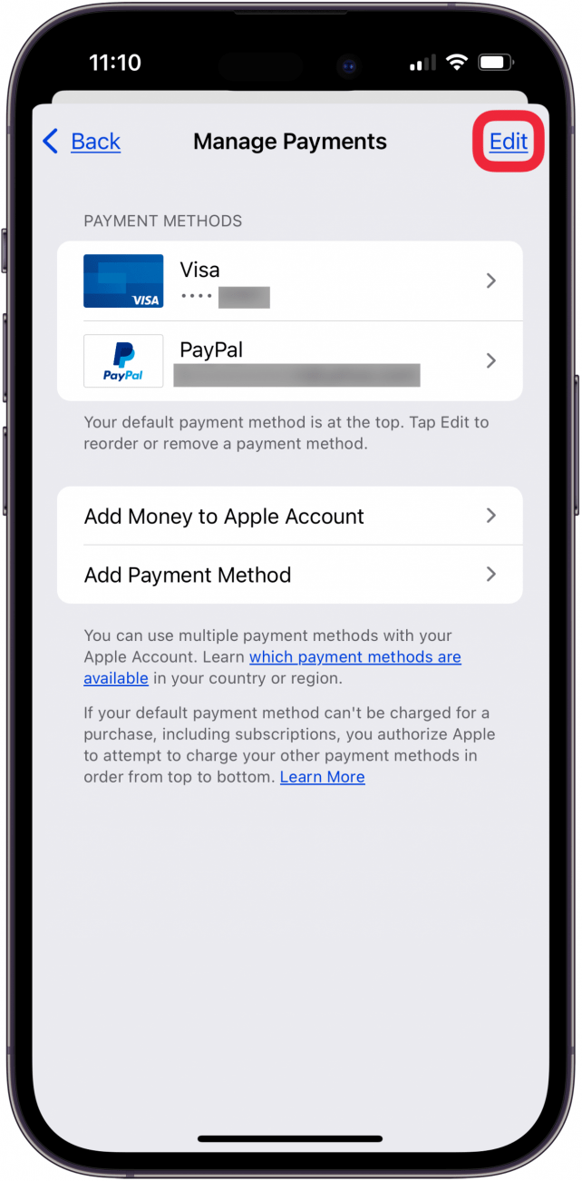 tap edit to change family sharing primary payment method