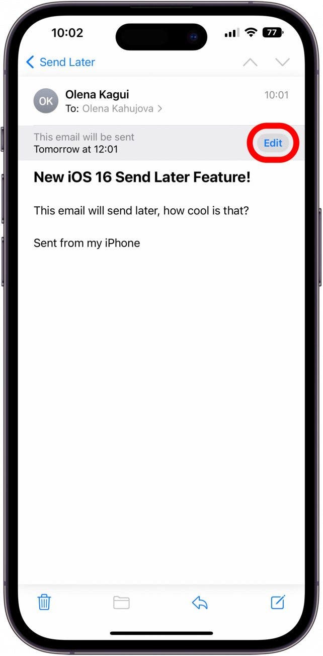 If you open the email, you can tap Edit to change the delivery date and time.