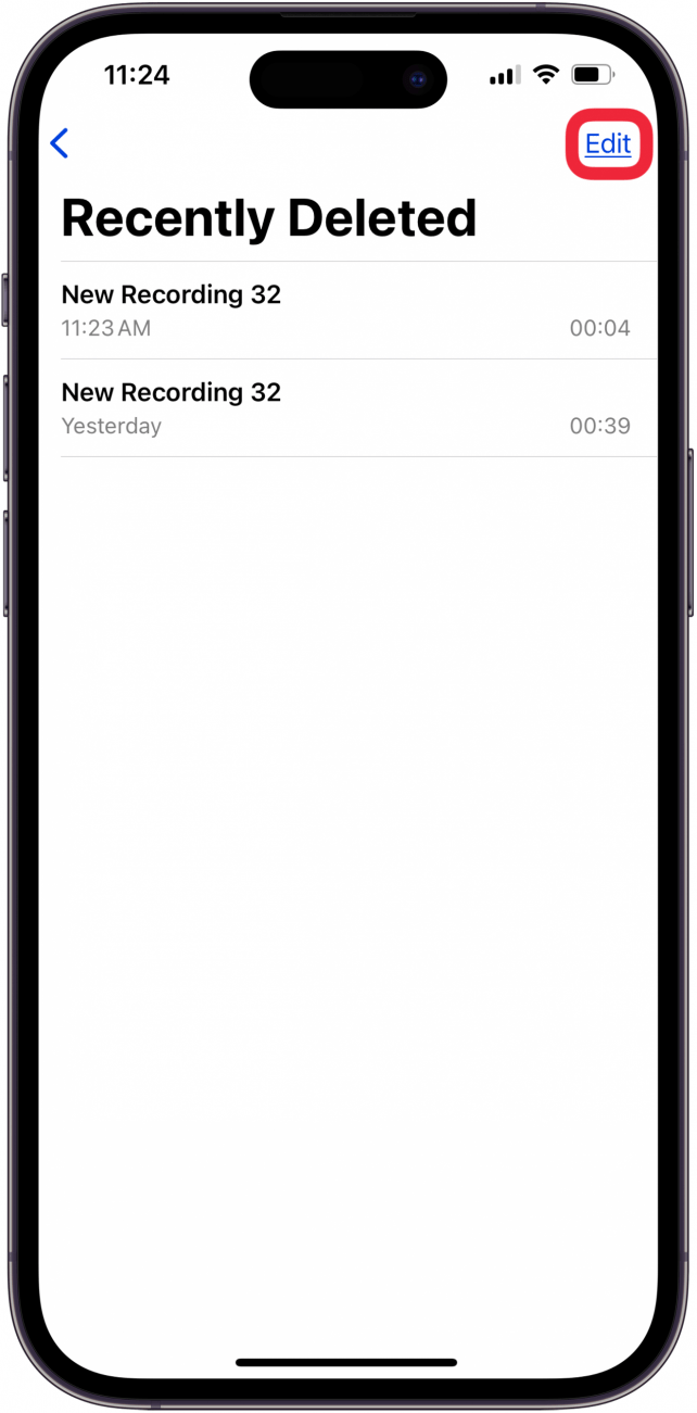 tap edit to empty recycle bin in voice memos app