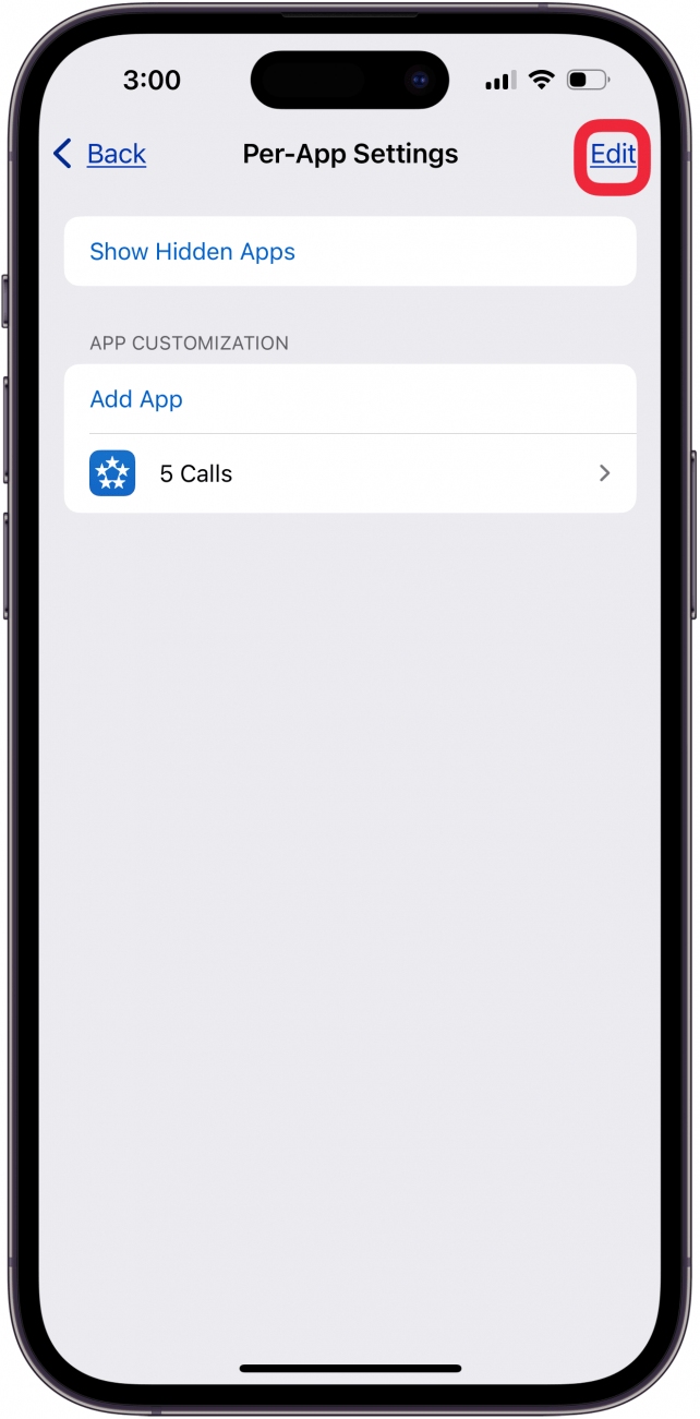 tap edit to remove app from app settings