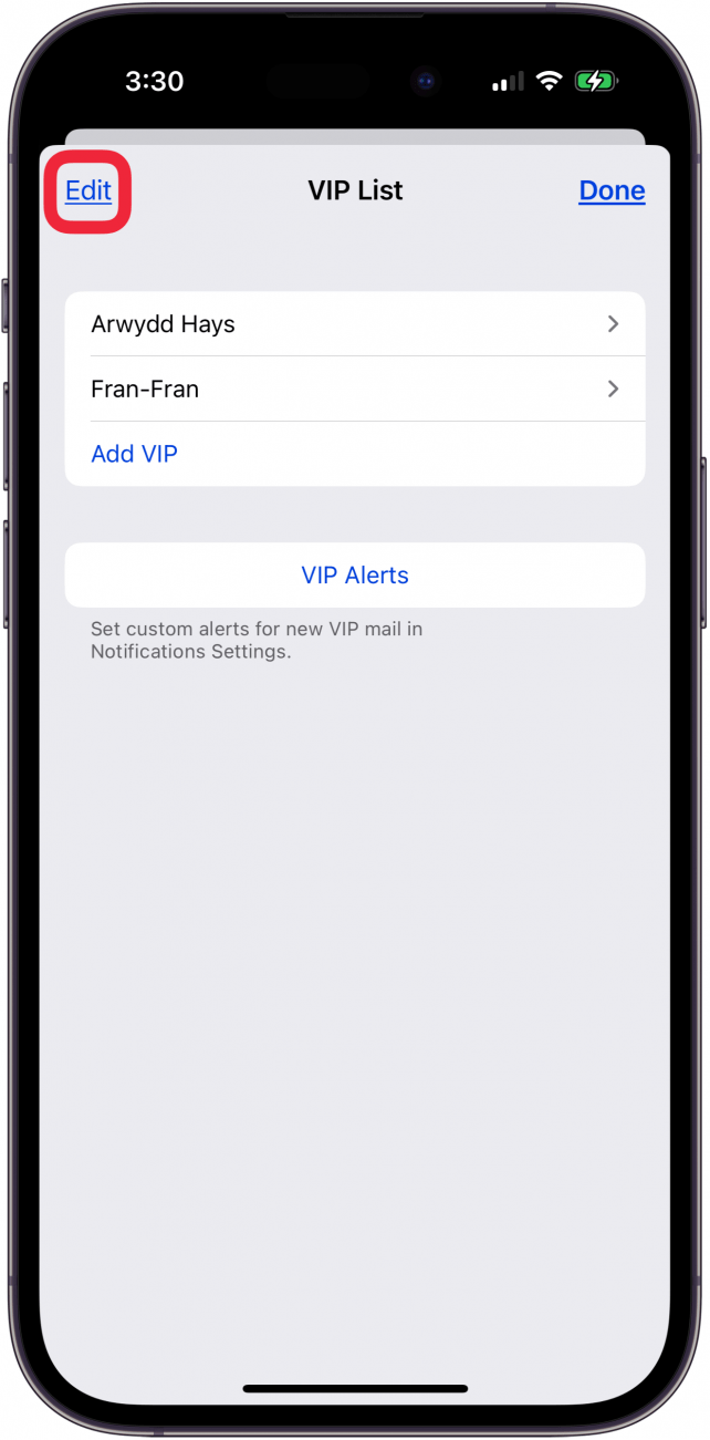 tap edit to remove vip from vip mail