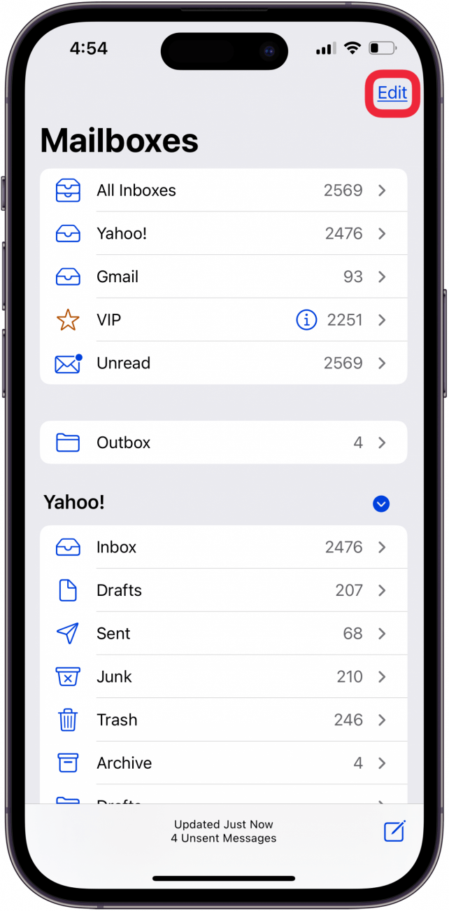 tap edit to restore missing email on iphone