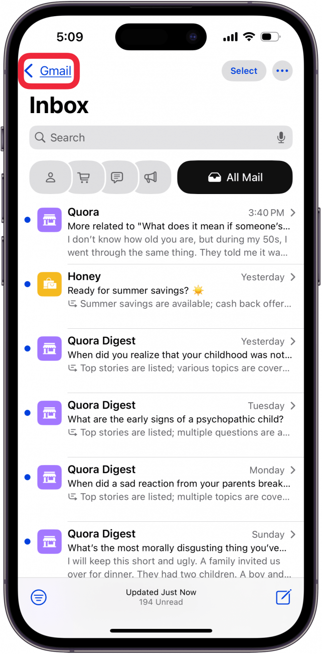tap email account at top left