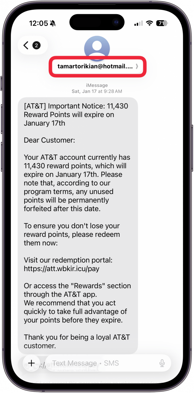 tap email contact at the top of the message
