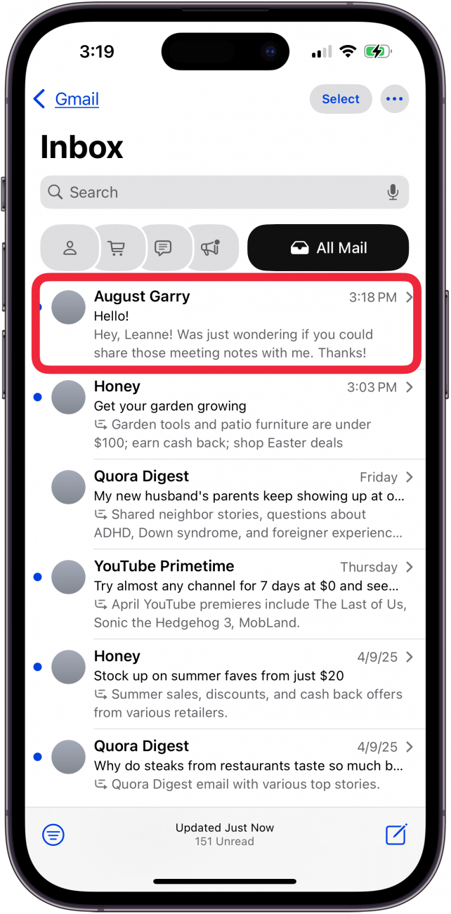tap email from sender you want to block