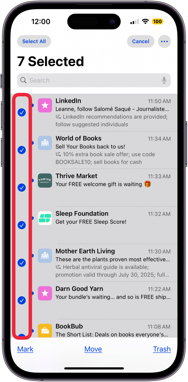 tap empty circle next to email to trash, move, or mark