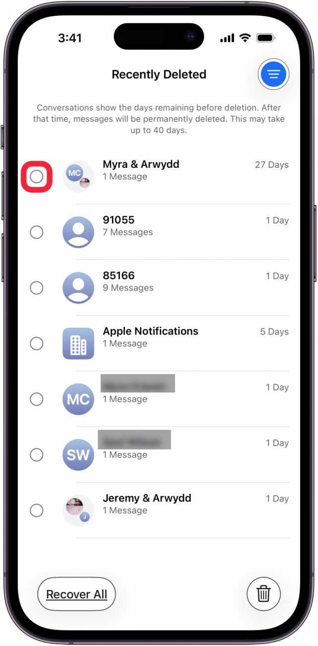 tap empty circle next to message you want to recover