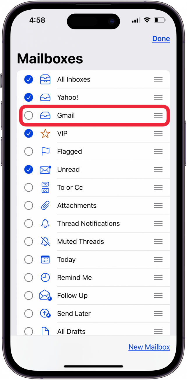 tap empty circle next to missing email on iphone