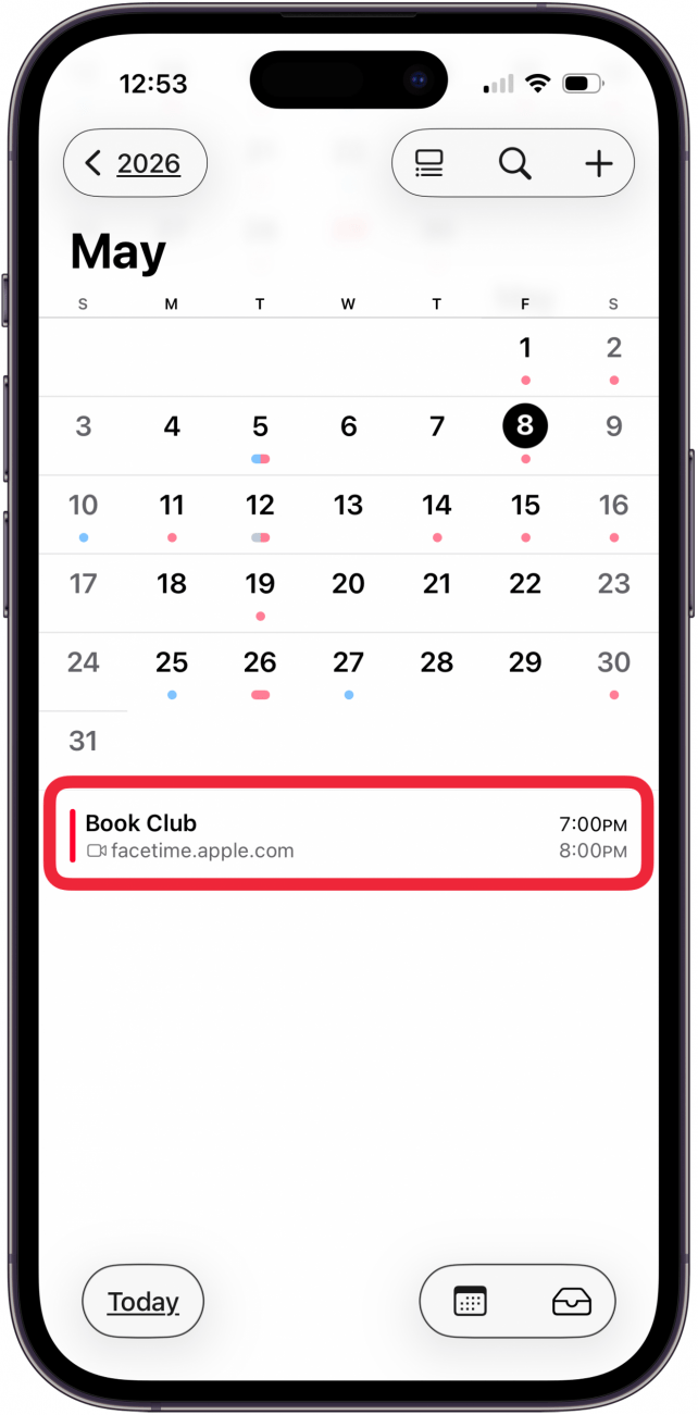 tap event to share facetime link