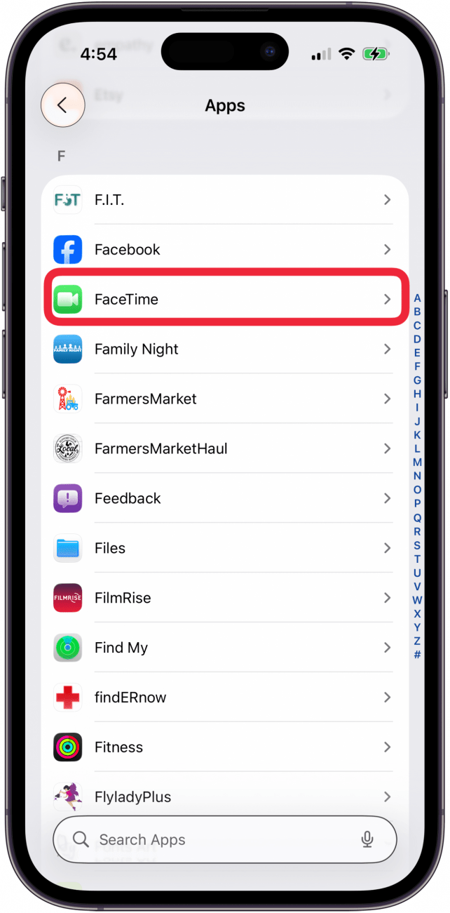 tap facetime in apps settings