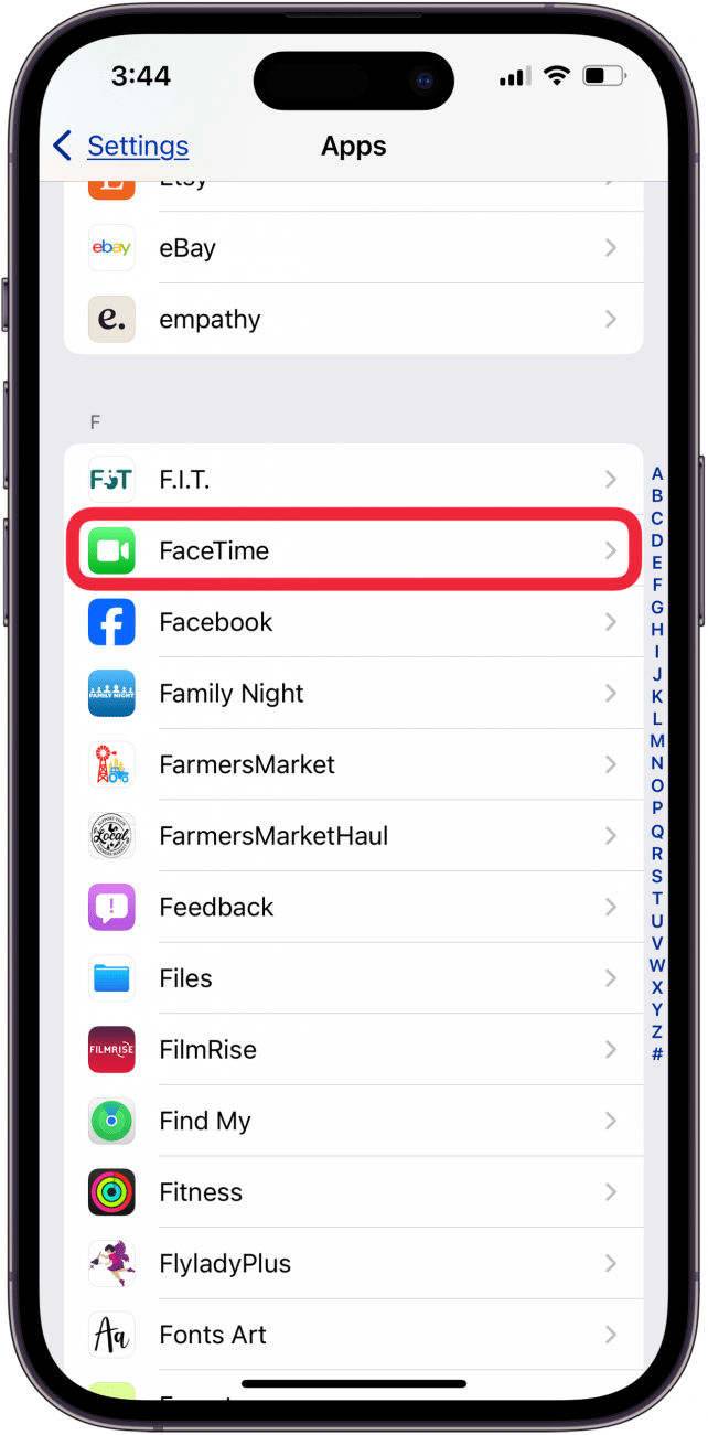 tap facetime in iphone apps settings