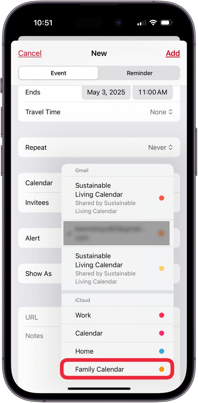 tap family calendar from drop down menu