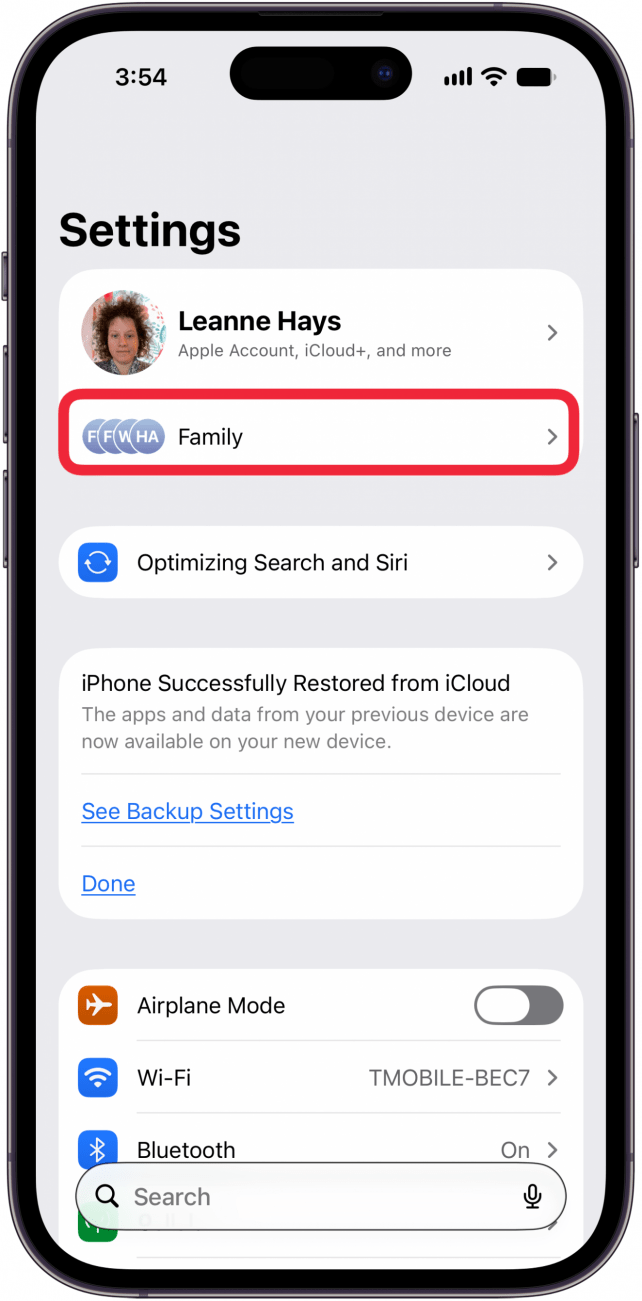 tap family in settings under banner tap family in settings under banner
