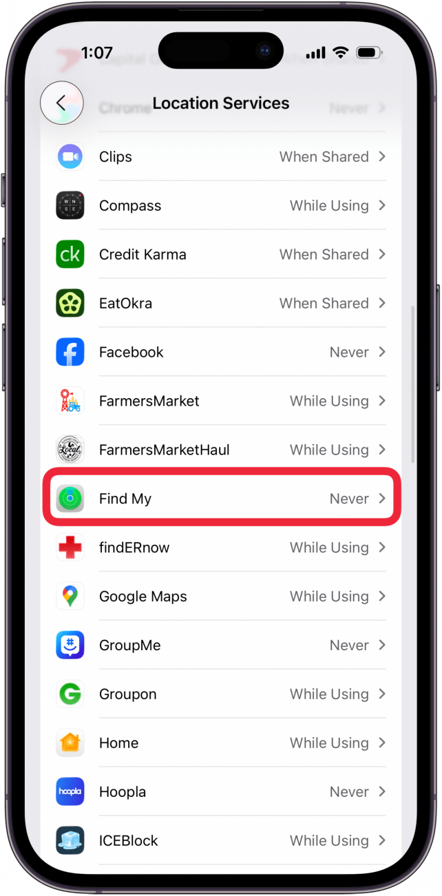 tap find my in location services tap find my in location services