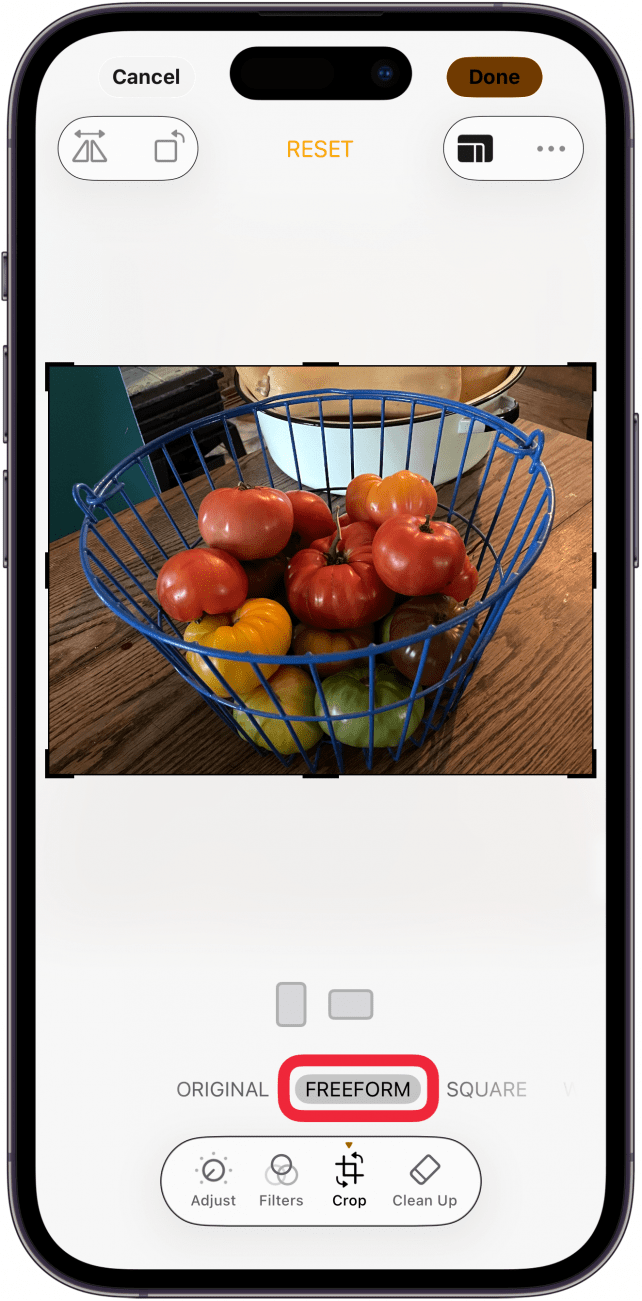 tap freeform to custom crop a photo