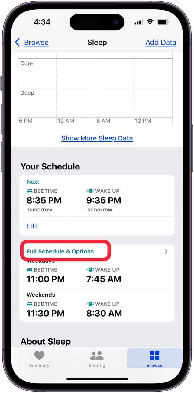 tap full schedule and options to change sleep goal iphone