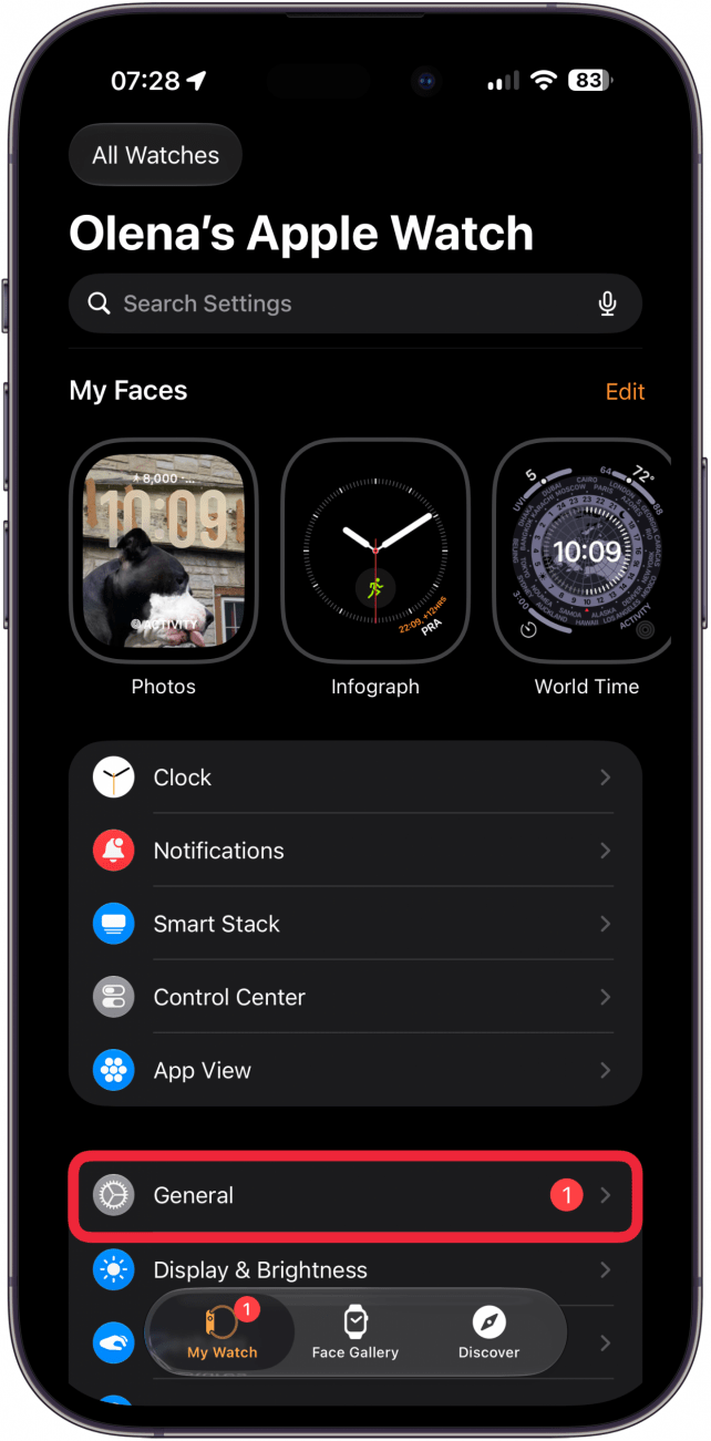 tap general in apple watch settings