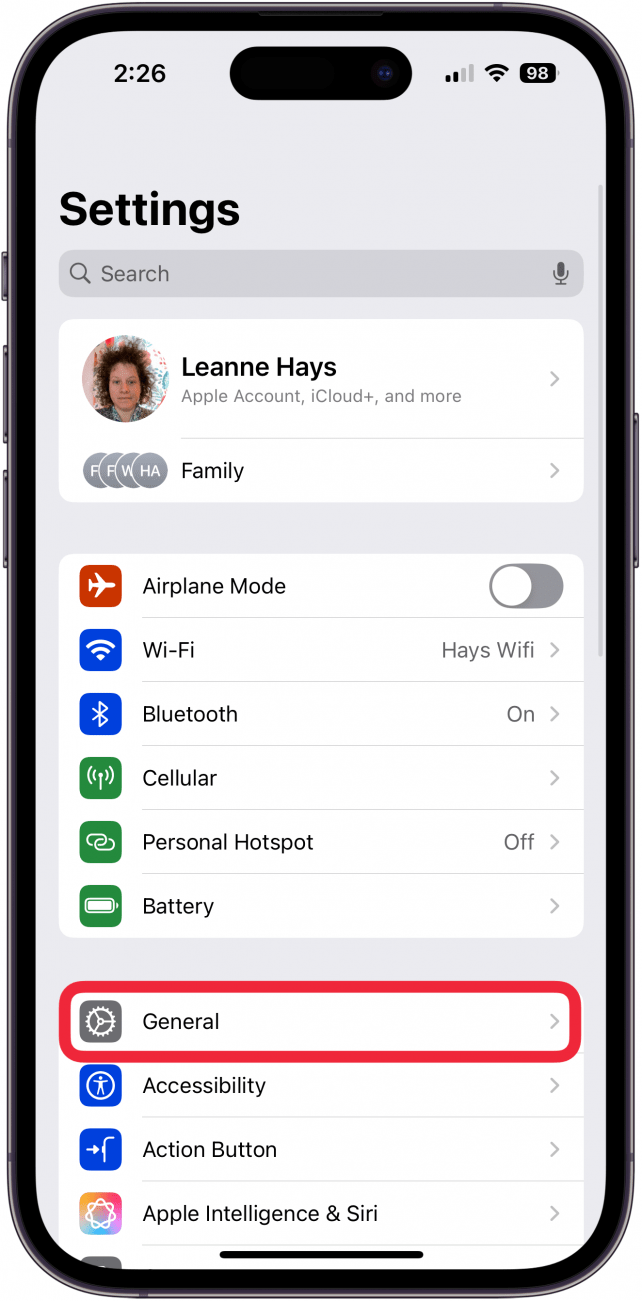 tap general in settings