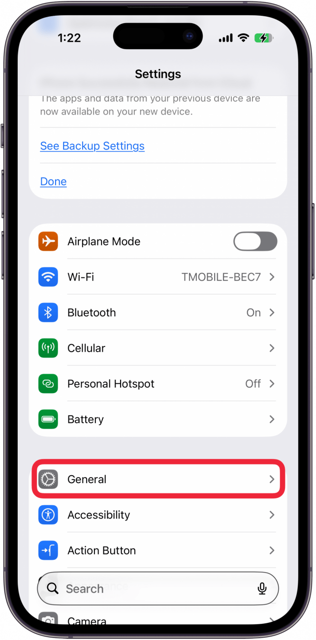 tap general in settings