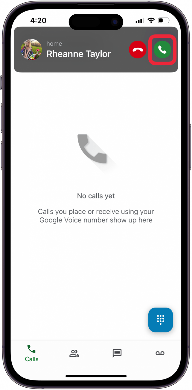 tap green phone icon to answer call